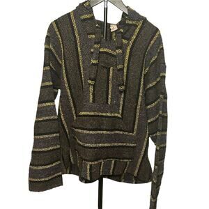 VTG Molina Baja Hoodie Charcoal Grey Yellow Striped Mexican Rug Hoodie Gorpcore